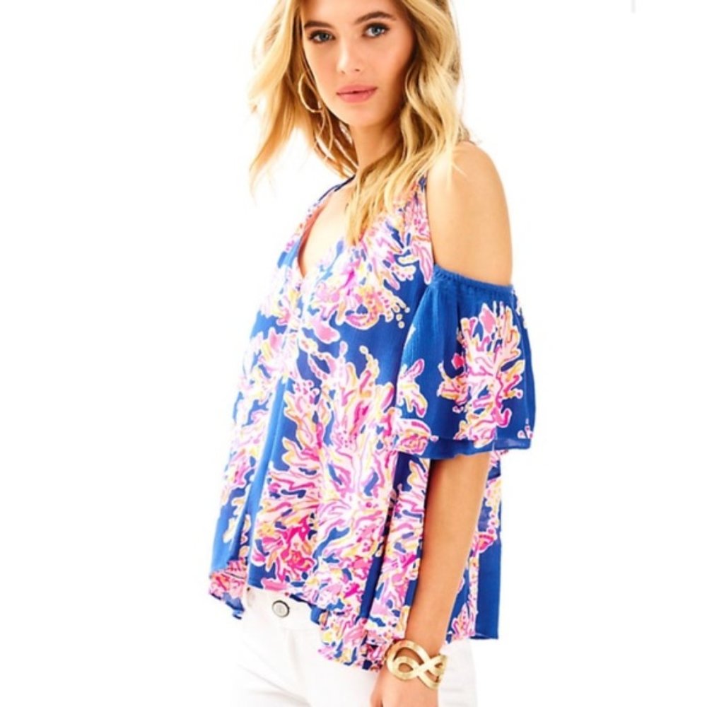 Lilly Pulitzer Bellamie Brilliant Blue It’s Electric Cold Shoulder Top XXS Beach